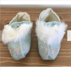 Antique Delicate Blue Silk Baby Booties w/ White Rabbit Fur & Embroidery